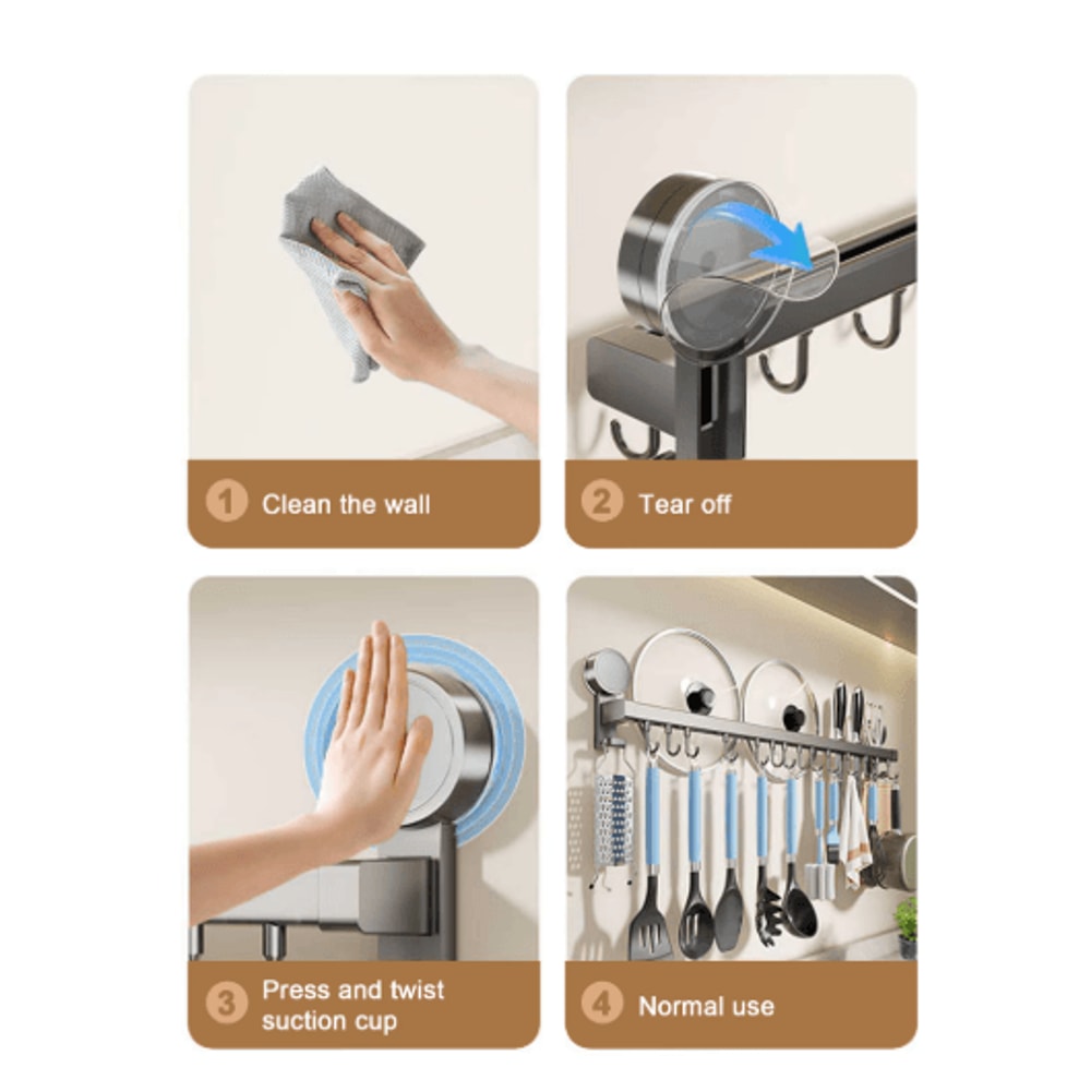 Wall Mounted Kitchen Hook Rack No Drill Utensil Hanger Rail With Chopping Board Holder 7