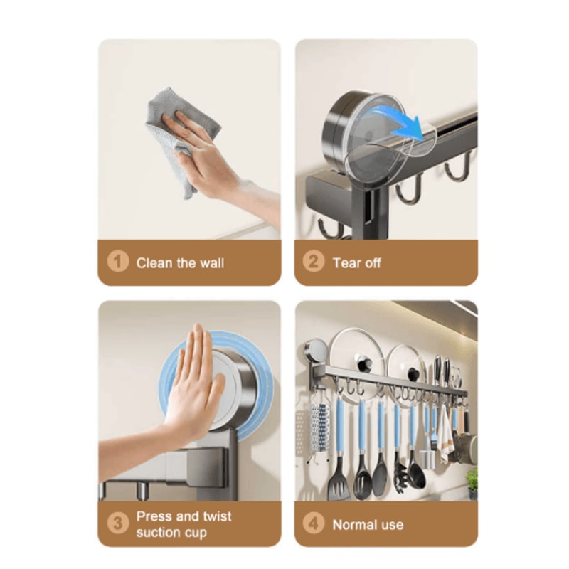 Wall Mounted Kitchen Hook Rack No Drill Utensil Hanger Rail With Chopping Board Holder 7