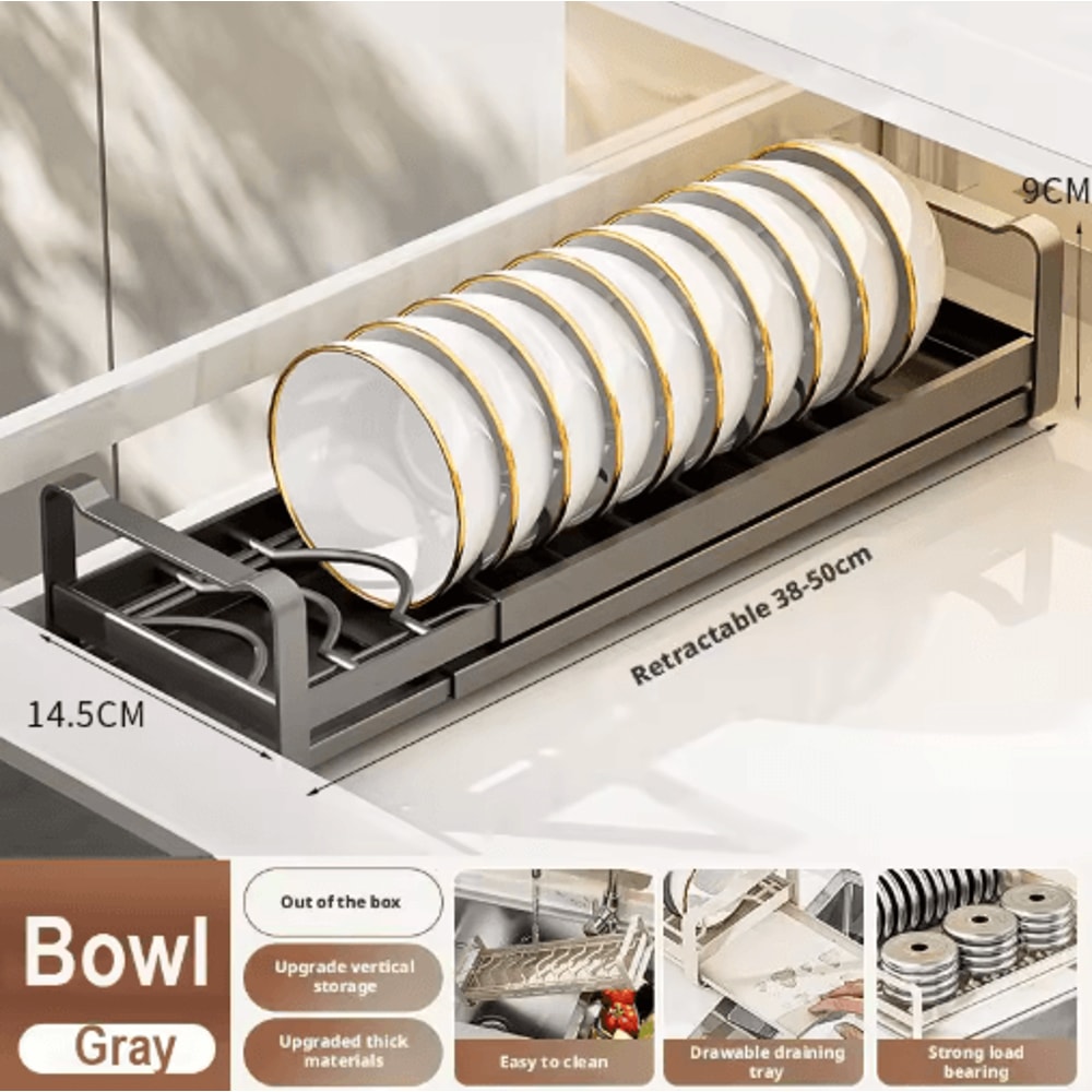 Pull Out Cabinet Dish Rack Stainless Steel Plate Bowl Storage Drawer Organizer 12