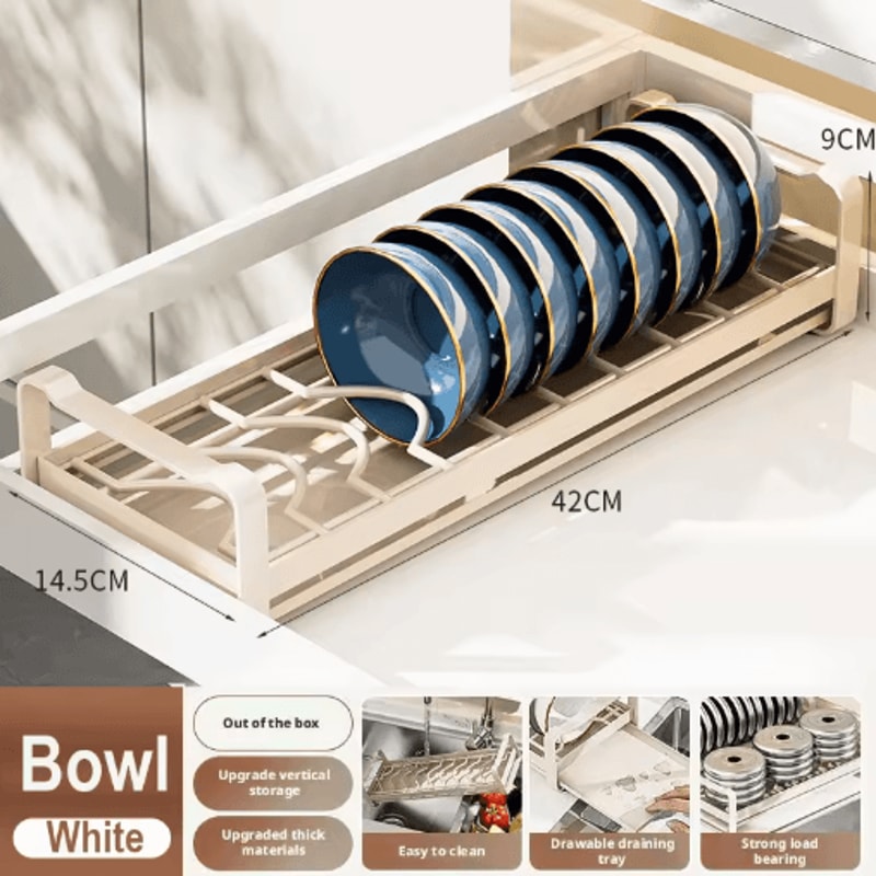 Pull Out Cabinet Dish Rack Stainless Steel Plate Bowl Storage Drawer Organizer 16