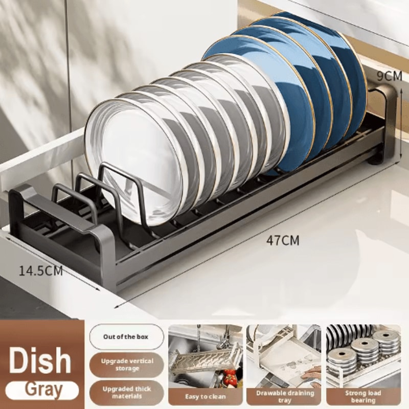 Pull Out Cabinet Dish Rack Stainless Steel Plate Bowl Storage Drawer Organizer 3