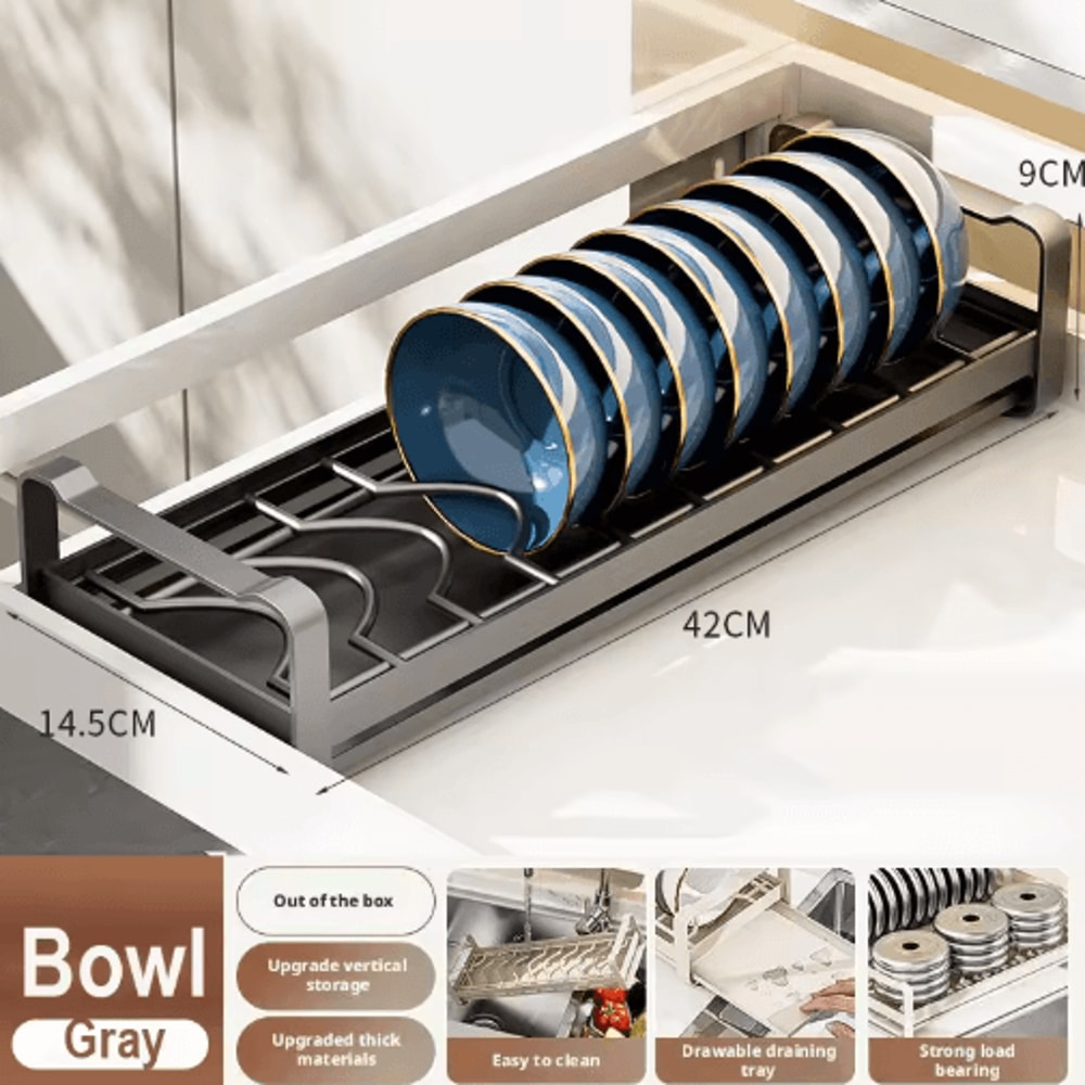 Pull Out Cabinet Dish Rack Stainless Steel Plate Bowl Storage Drawer Organizer 5