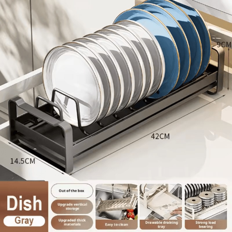 Pull Out Cabinet Dish Rack Stainless Steel Plate Bowl Storage Drawer Organizer 6