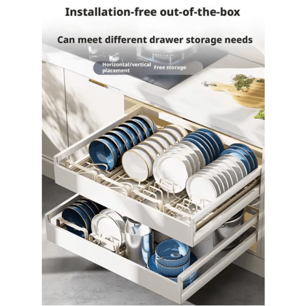 Pull Out Cabinet Dish Rack Stainless Steel Plate Bowl Storage Drawer Organizer 17