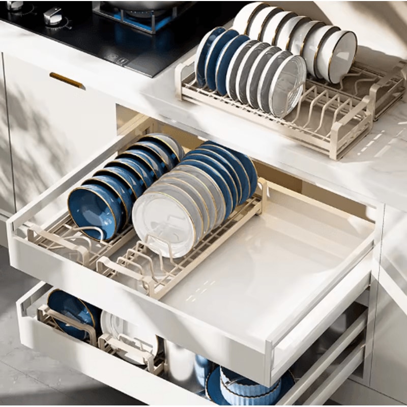 Pull Out Cabinet Dish Rack Stainless Steel Plate Bowl Storage Drawer Organizer 21