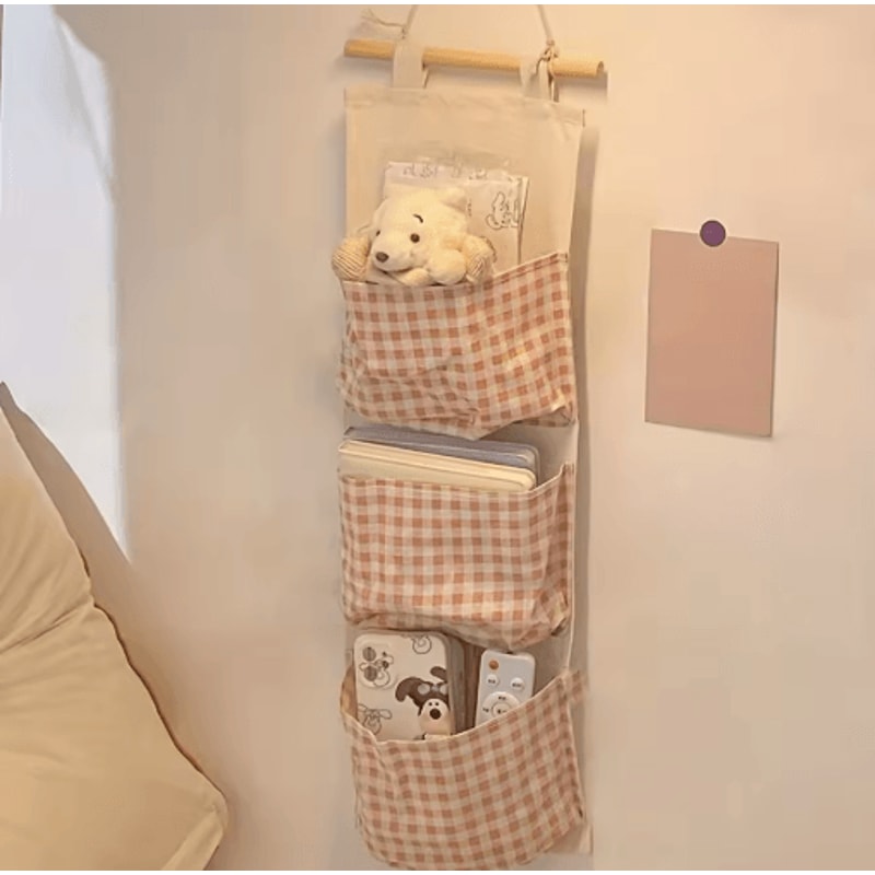 Pink Checkered MultiPocket Hanging Storage Bag For Bedroom Organization 2