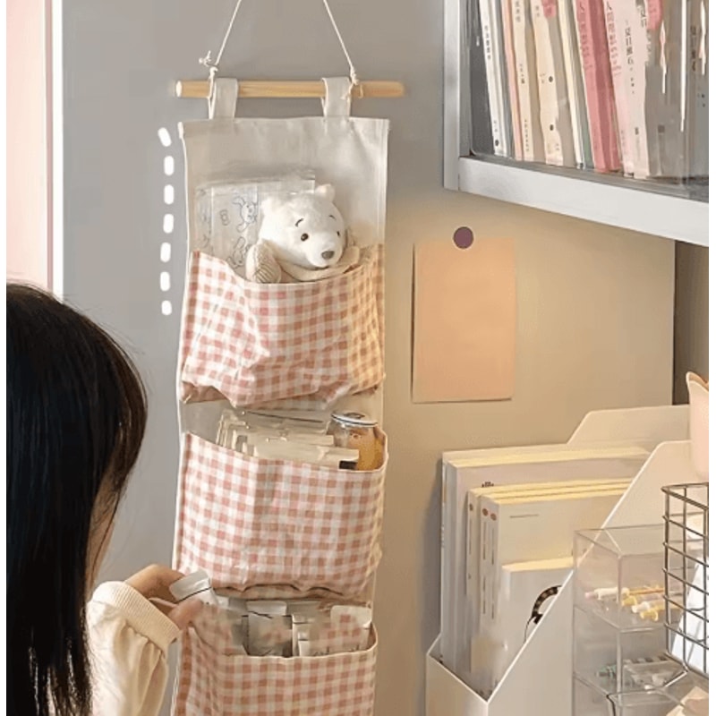 Pink Checkered MultiPocket Hanging Storage Bag For Bedroom Organization 3