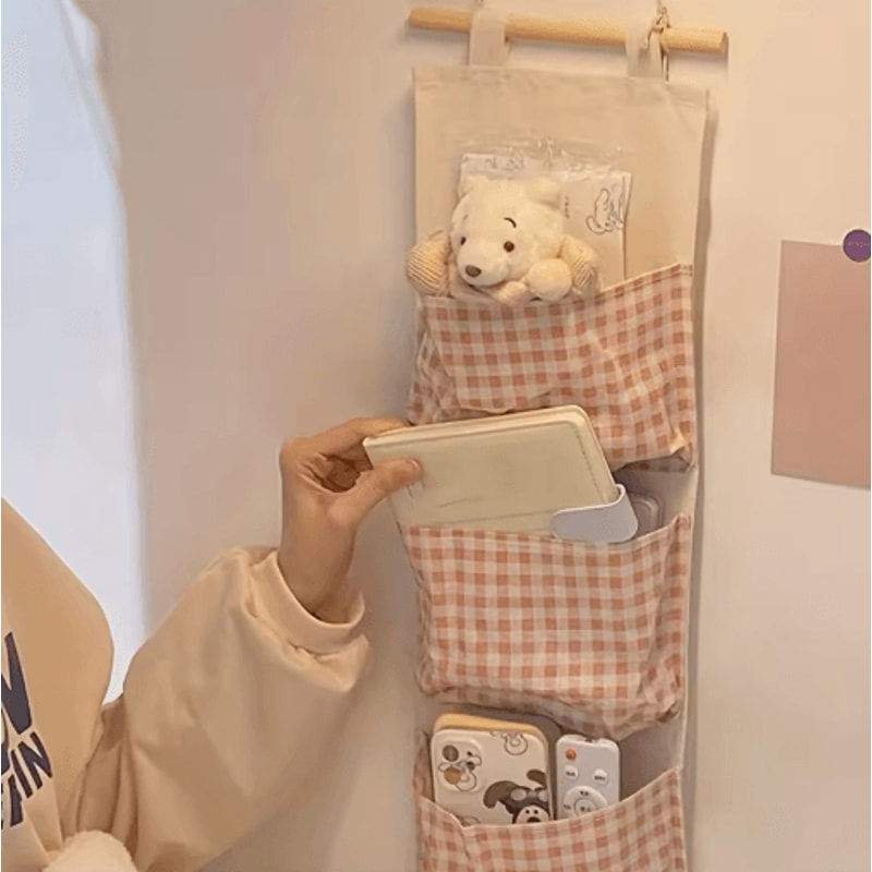 Pink Checkered MultiPocket Hanging Storage Bag For Bedroom Organization 4