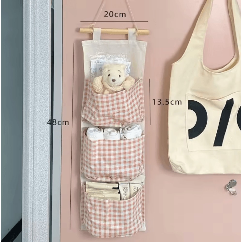 Pink Checkered MultiPocket Hanging Storage Bag For Bedroom Organization 5