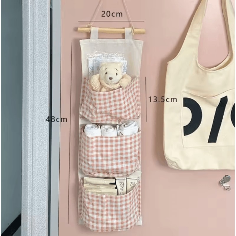 Pink Checkered MultiPocket Hanging Storage Bag For Bedroom Organization 5