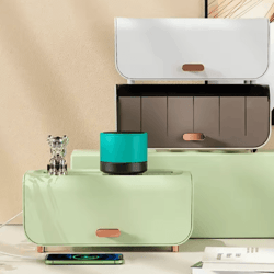 desktop cable management box with router and power strip storage