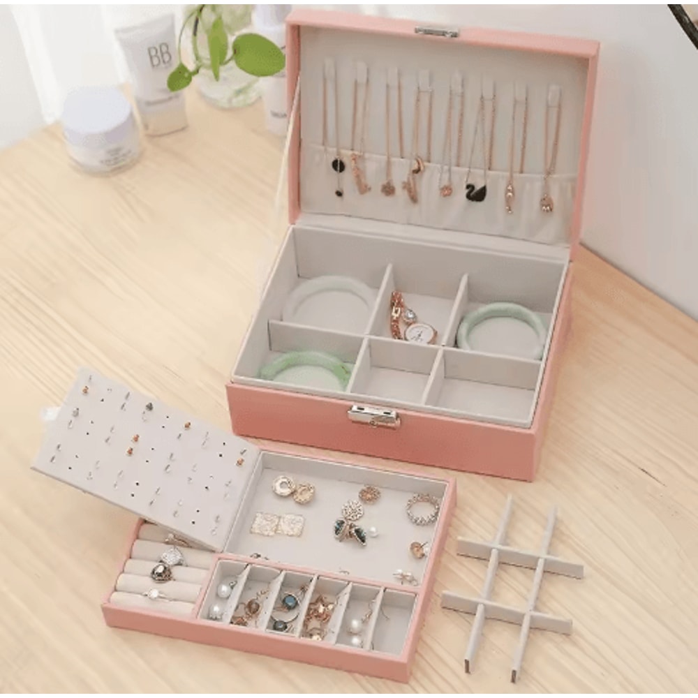Double Layer PU Leather Jewelry Box With Lock And Ring Organizer 10