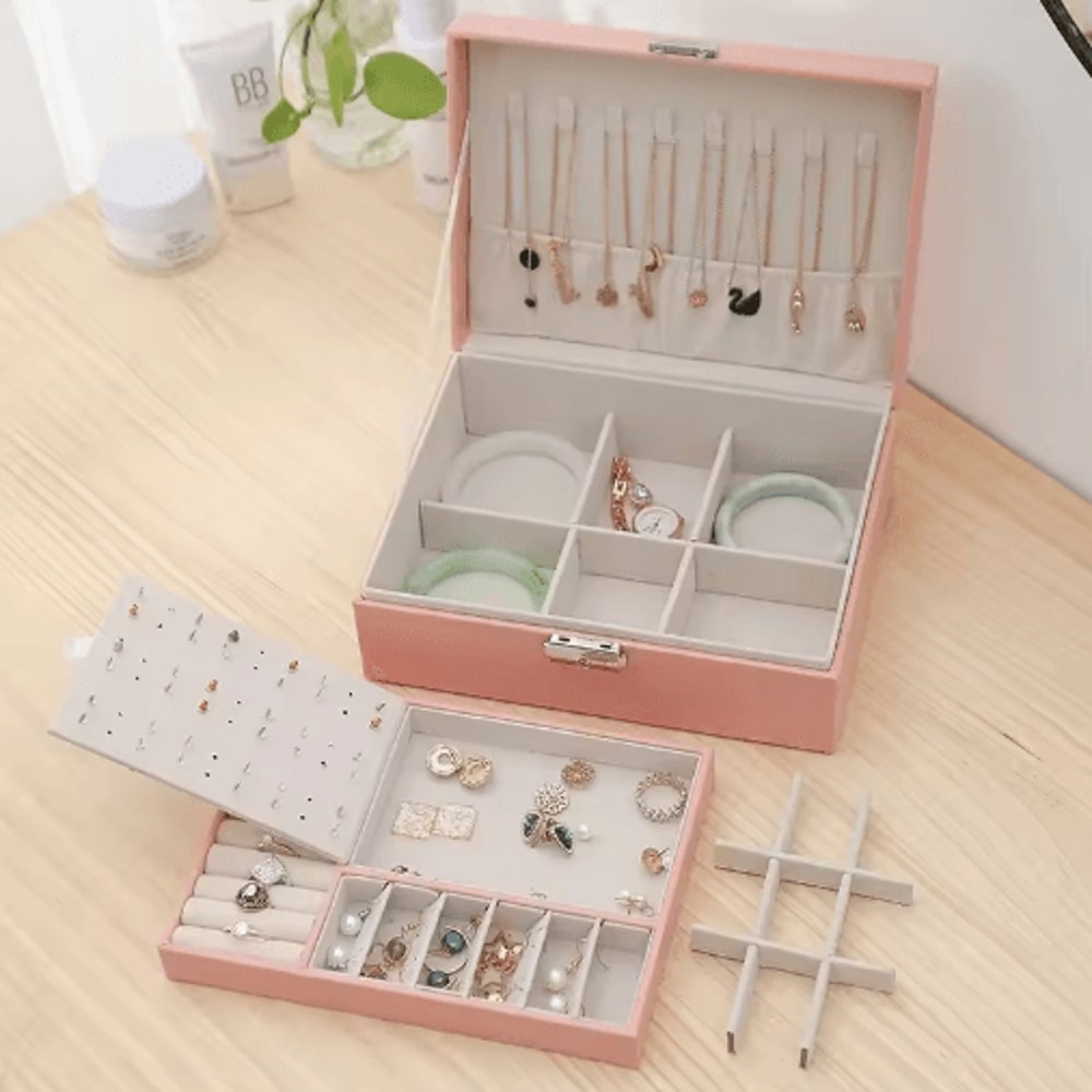 Double Layer PU Leather Jewelry Box With Lock And Ring Organizer 11