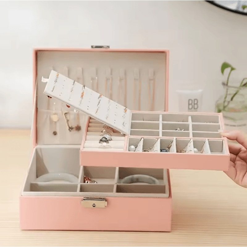 Double Layer PU Leather Jewelry Box With Lock And Ring Organizer 12