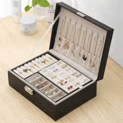 double layer pu leather jewelry box with lock and ring organizer