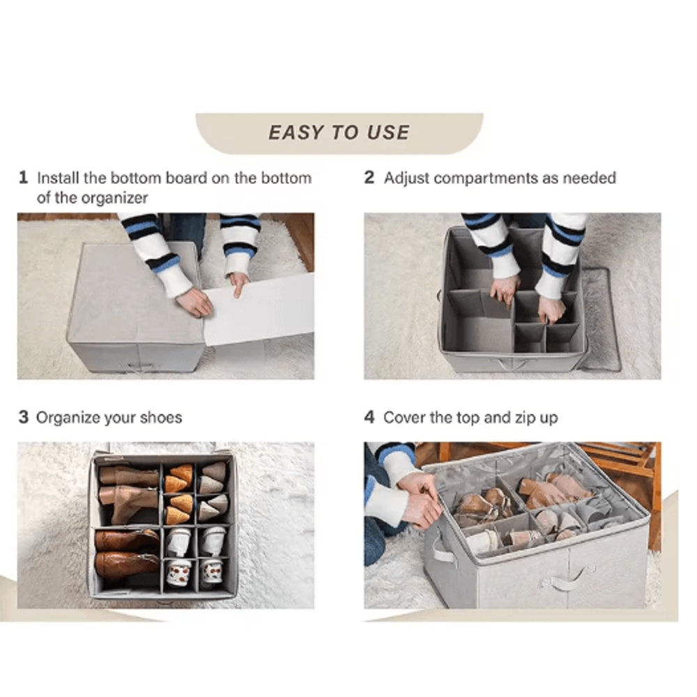 14Pair Fabric Shoe Organizer With Cover And Adjustable Dividers 10