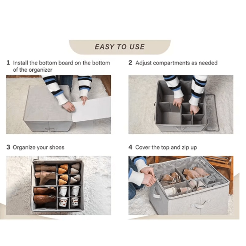 14Pair Fabric Shoe Organizer With Cover And Adjustable Dividers 10