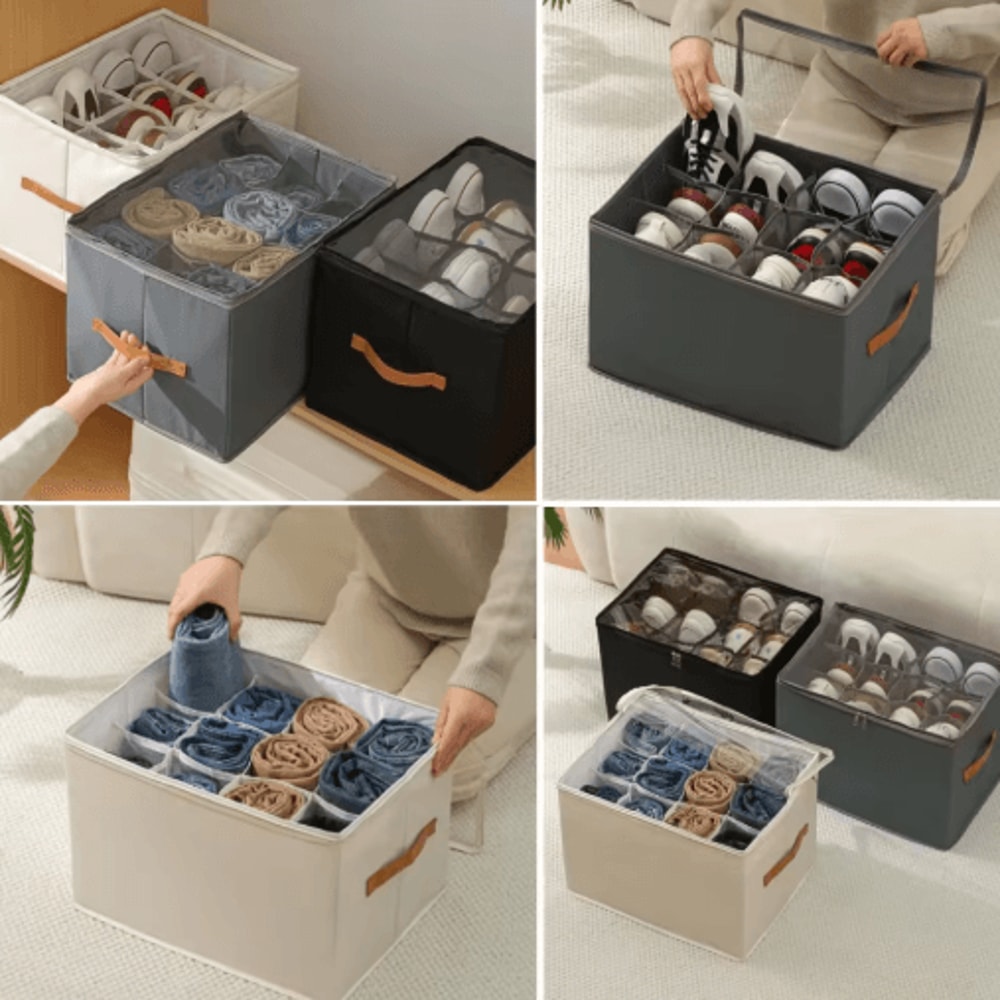 14Pair Fabric Shoe Organizer With Cover And Adjustable Dividers 7