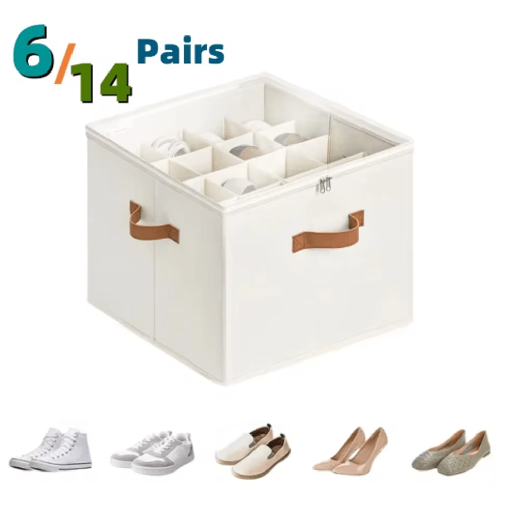 14Pair Fabric Shoe Organizer With Cover And Adjustable Dividers 0