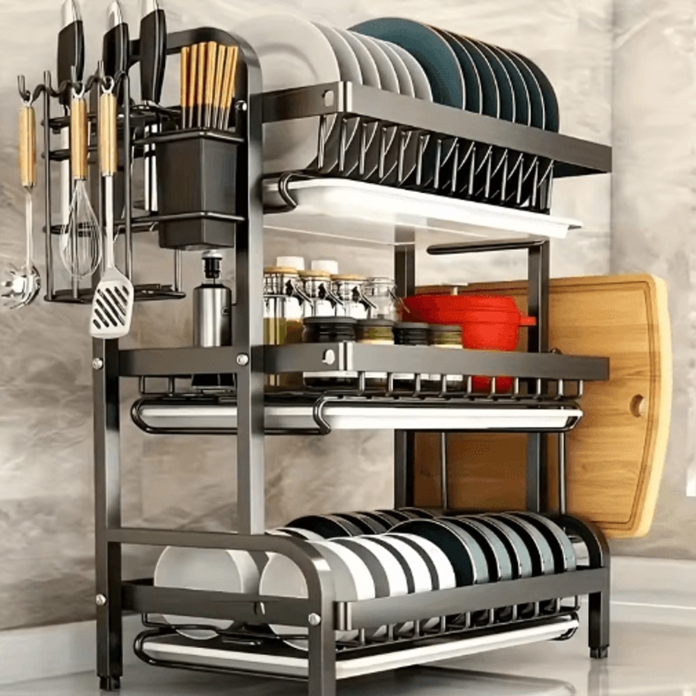 3 Tier Kitchen Countertop Dish Rack With Large Capacity Drainer 0