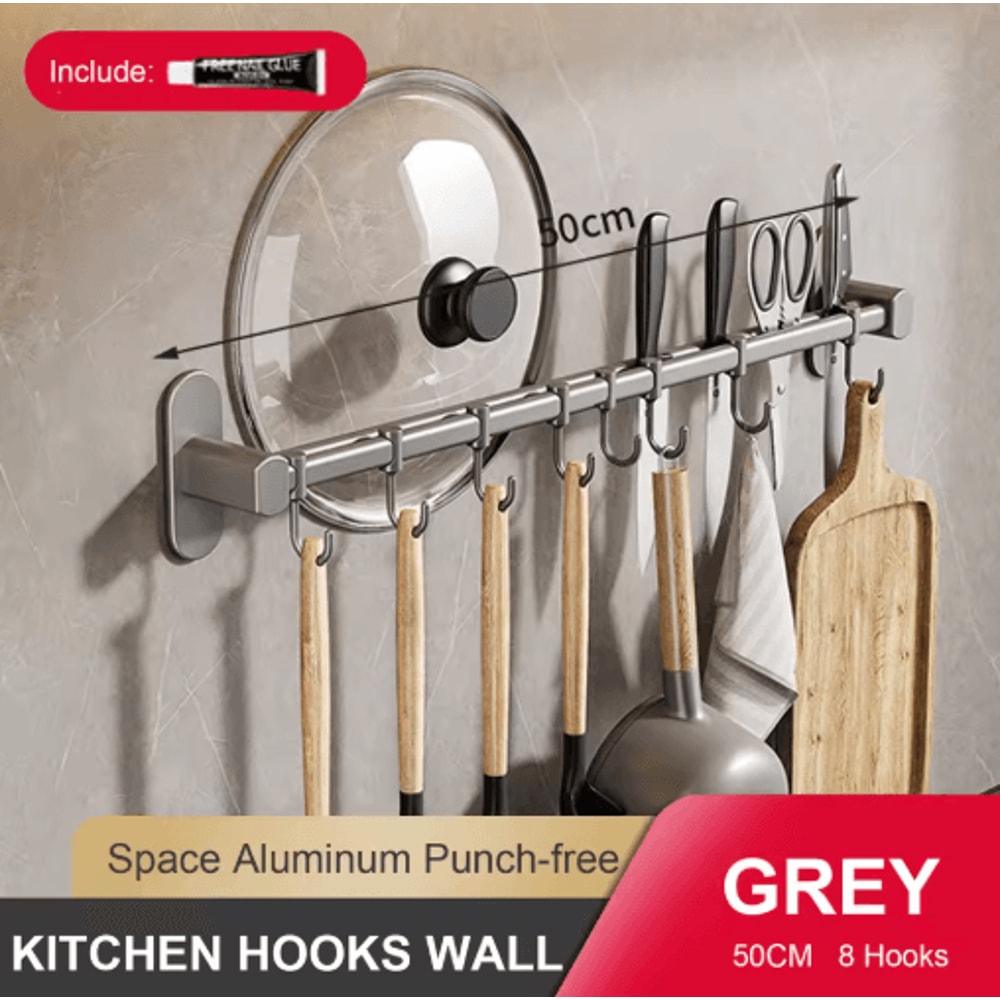 NoDrill Wall Mounted Kitchen Hook Rack With Storage Rail Organizer 1
