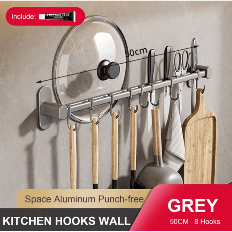 NoDrill Wall Mounted Kitchen Hook Rack With Storage Rail Organizer 1