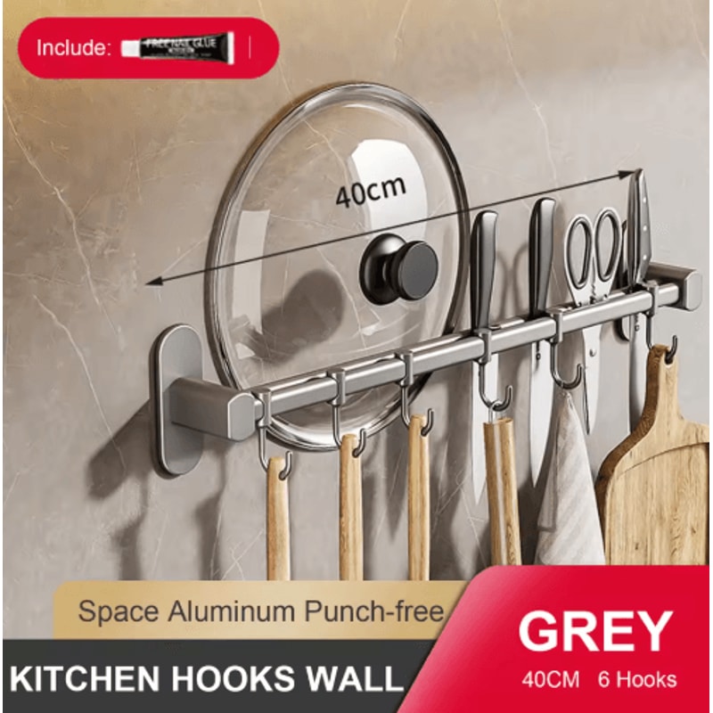 NoDrill Wall Mounted Kitchen Hook Rack With Storage Rail Organizer 2