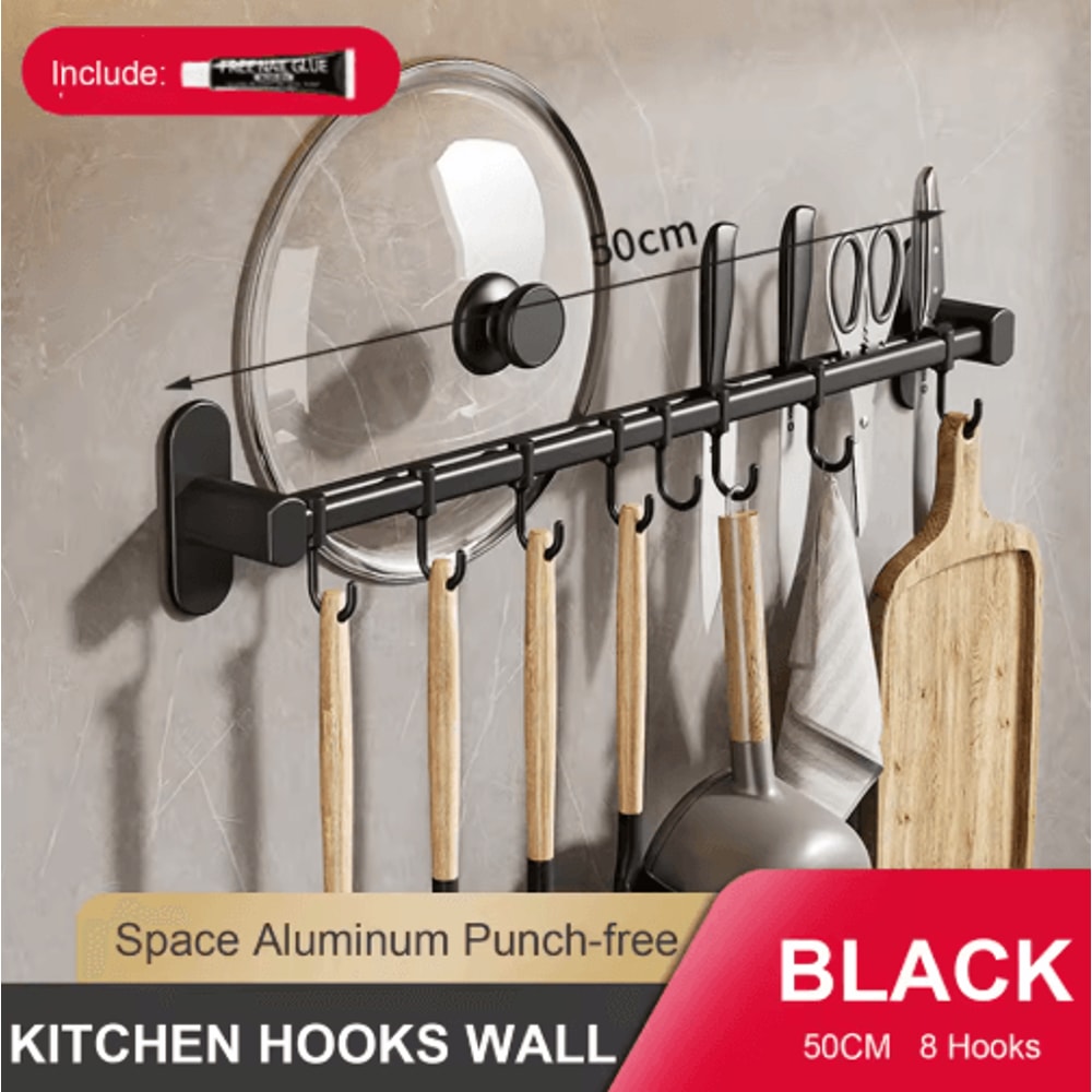 NoDrill Wall Mounted Kitchen Hook Rack With Storage Rail Organizer 4