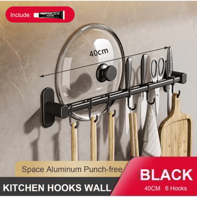 NoDrill Wall Mounted Kitchen Hook Rack With Storage Rail Organizer 5