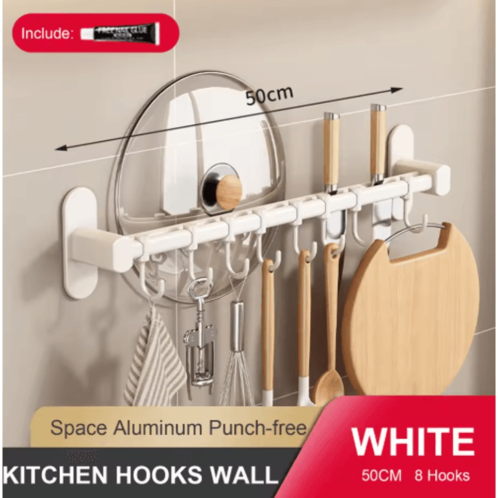 NoDrill Wall Mounted Kitchen Hook Rack With Storage Rail Organizer 6