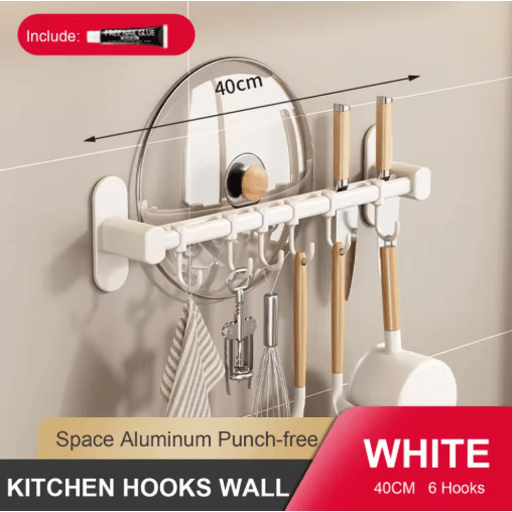 NoDrill Wall Mounted Kitchen Hook Rack With Storage Rail Organizer 7