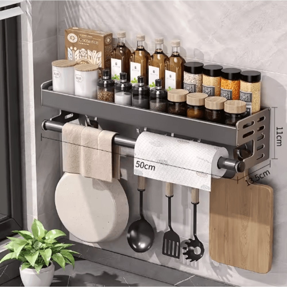 Wall Mount Utensil Holder Multifunctional Spice Organizer Shelf With Hooks 1