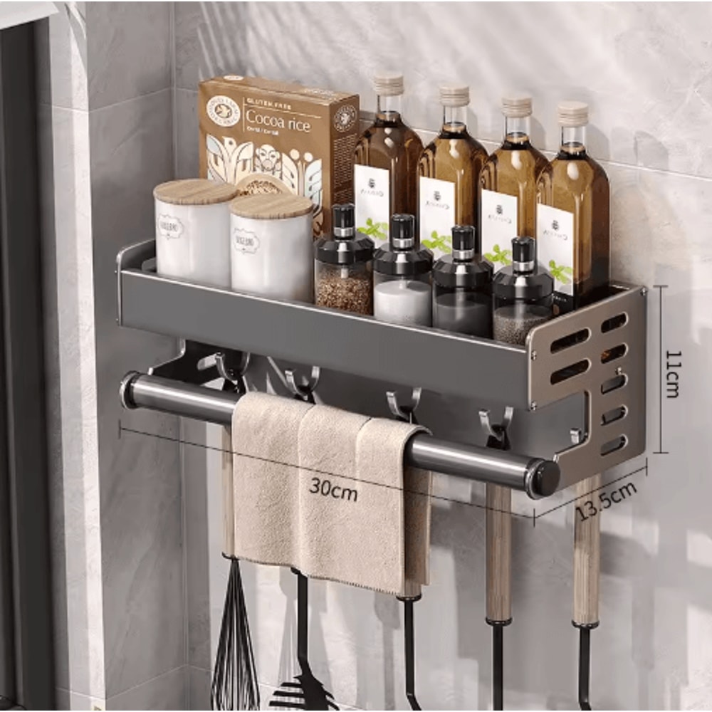 Wall Mount Utensil Holder Multifunctional Spice Organizer Shelf With Hooks 3