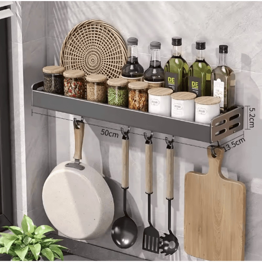 Wall Mount Utensil Holder Multifunctional Spice Organizer Shelf With Hooks 4