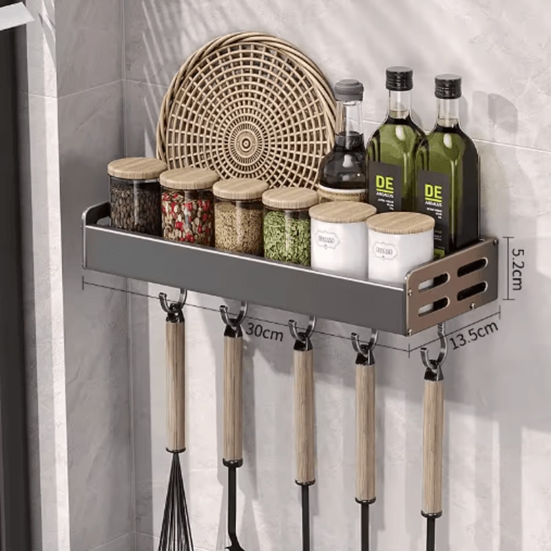 Wall Mount Utensil Holder Multifunctional Spice Organizer Shelf With Hooks 5