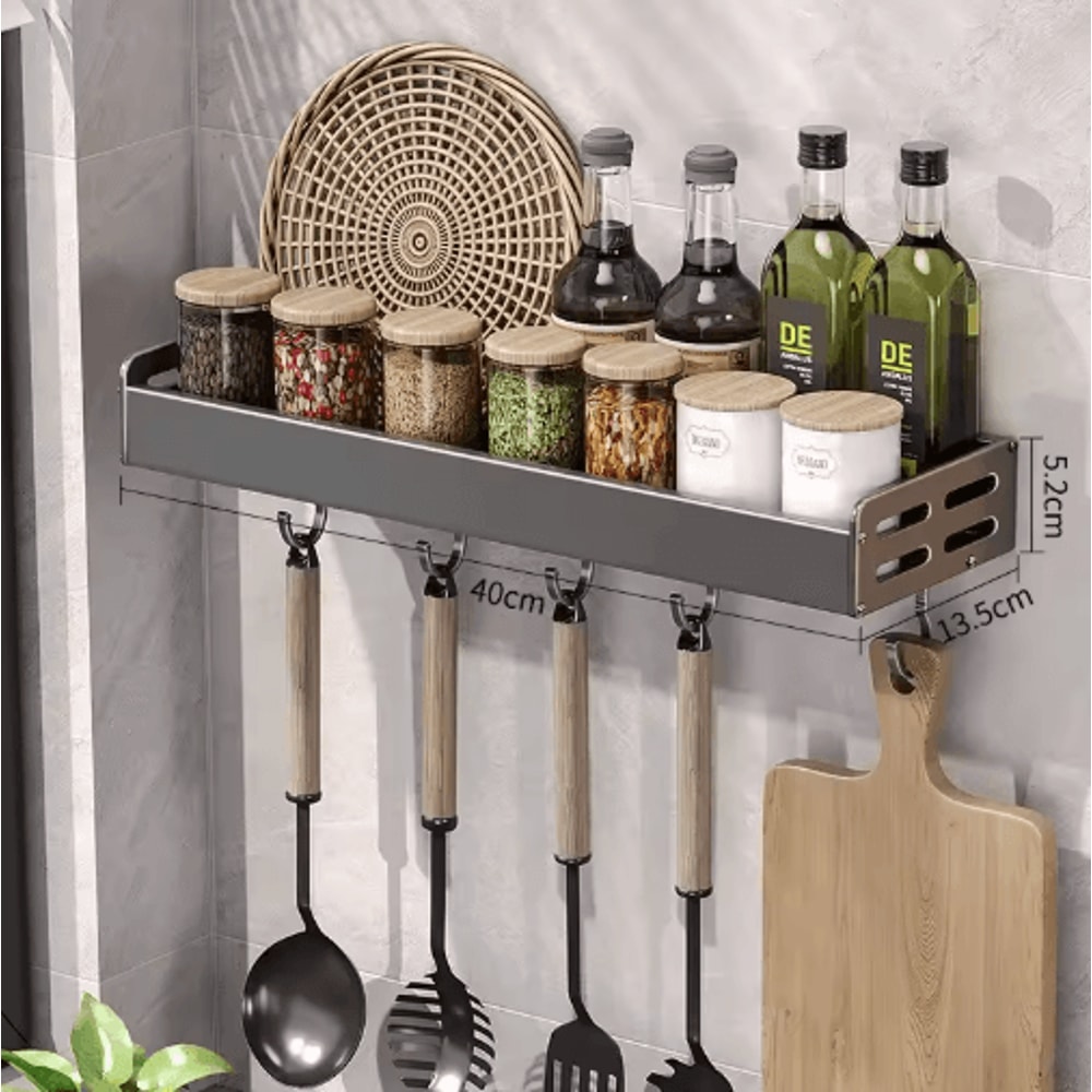 Wall Mount Utensil Holder Multifunctional Spice Organizer Shelf With Hooks 6
