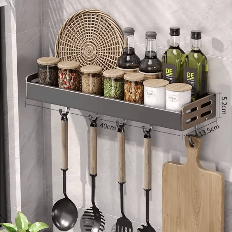 Wall Mount Utensil Holder Multifunctional Spice Organizer Shelf With Hooks 6