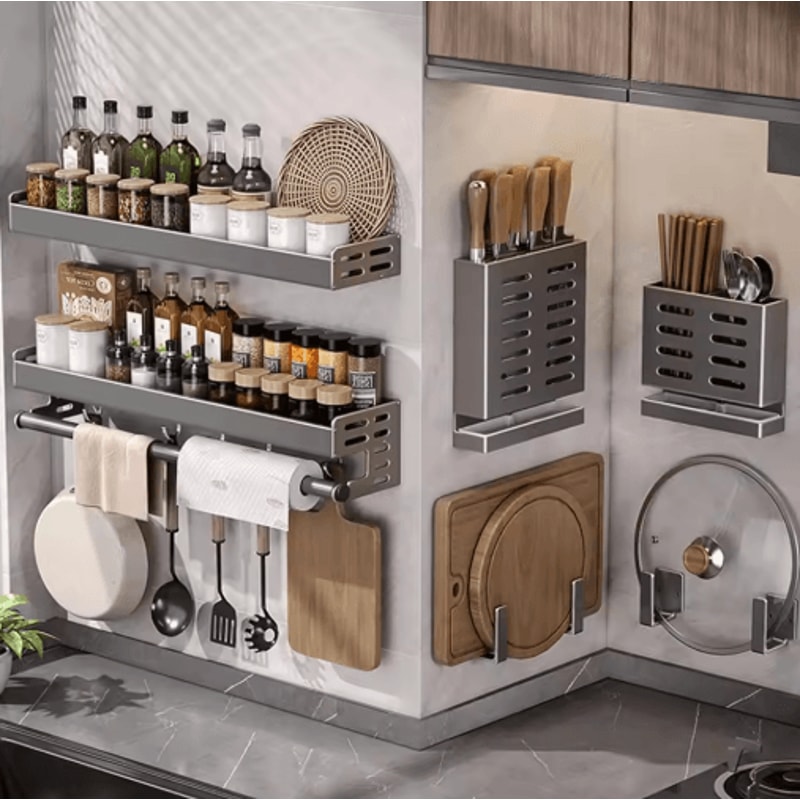 Wall Mount Utensil Holder Multifunctional Spice Organizer Shelf With Hooks 7