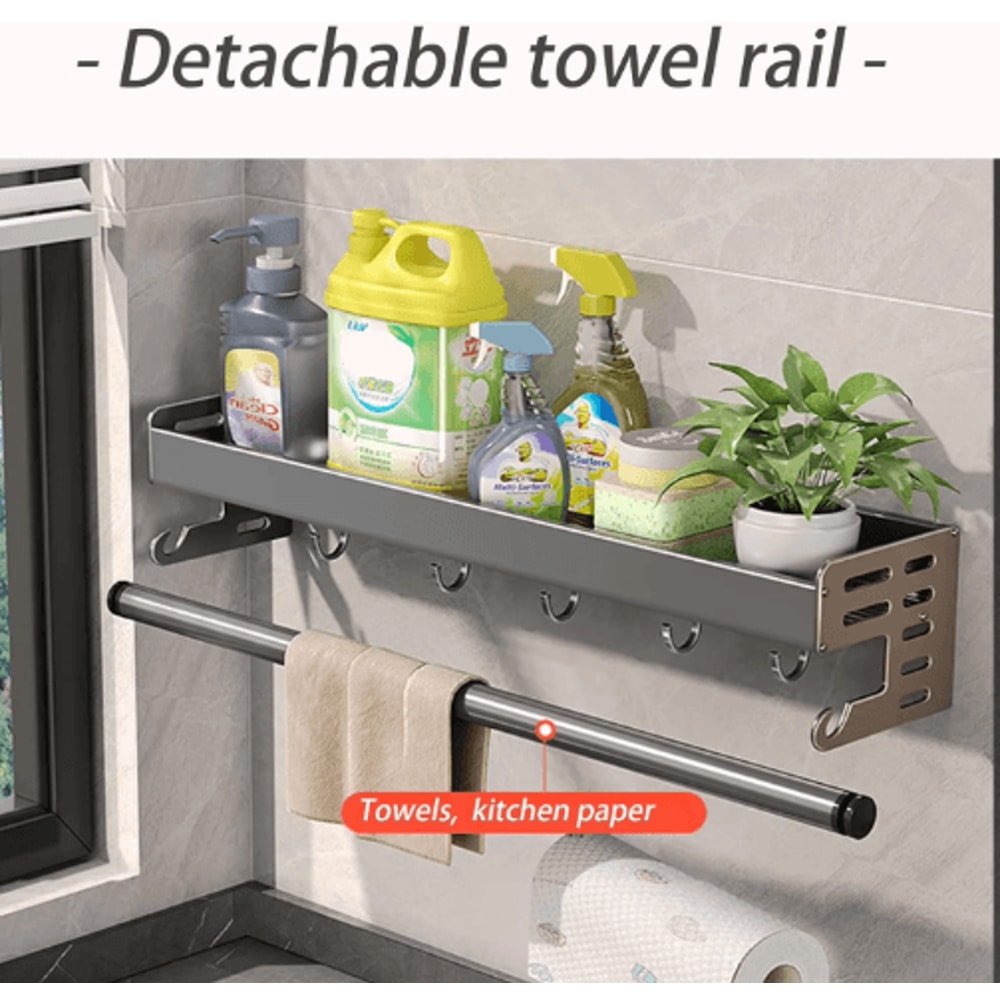 Wall Mount Utensil Holder Multifunctional Spice Organizer Shelf With Hooks 8