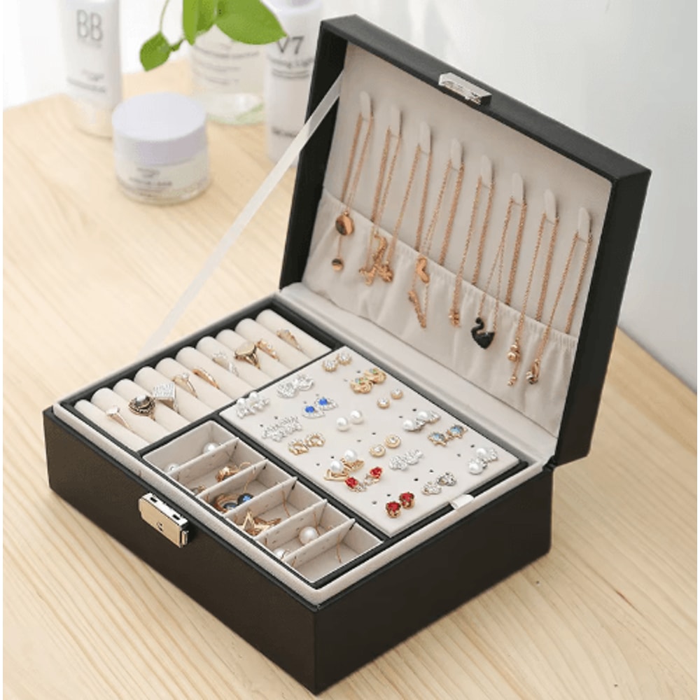 DoubleLayer Wooden Jewelry Box With PU Leather Organizer Ring Storage 0
