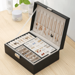 double-layer wooden jewelry box with pu leather organizer & ring storage