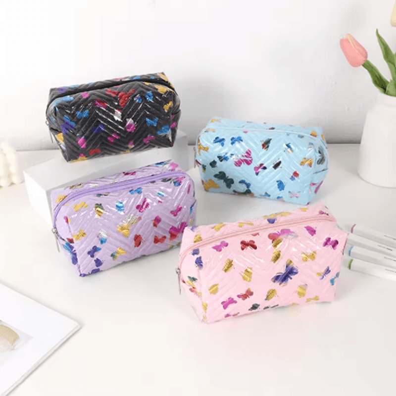 Glossy Butterfly PU Leather Pencil Case For Office Study 0