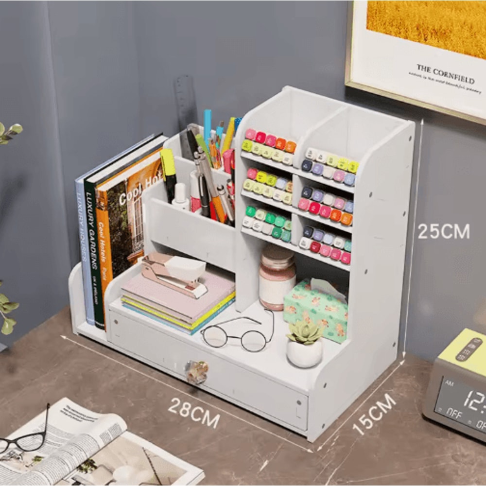 WoodCraft Wooden Desk Organizer Shelf With Mark Pen Holder Mini Bookshelf 2