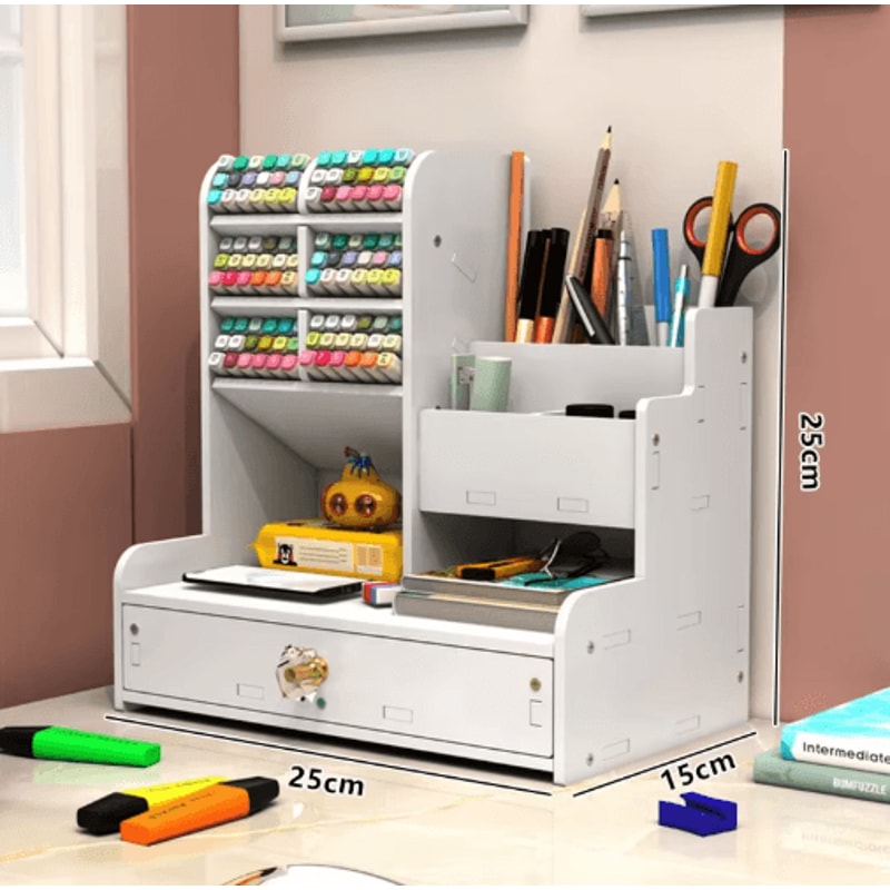 WoodCraft Wooden Desk Organizer Shelf With Mark Pen Holder Mini Bookshelf 3