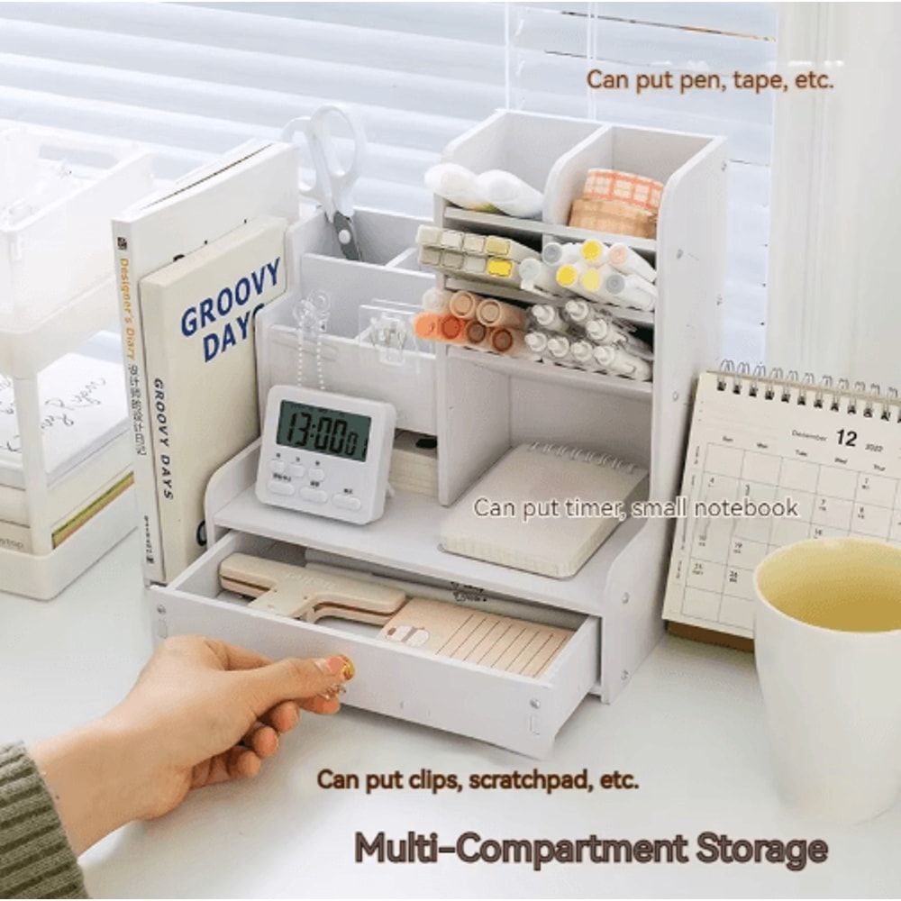 WoodCraft Wooden Desk Organizer Shelf With Mark Pen Holder Mini Bookshelf 5