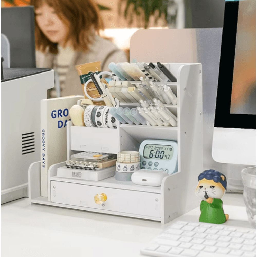 WoodCraft Wooden Desk Organizer Shelf With Mark Pen Holder Mini Bookshelf 6