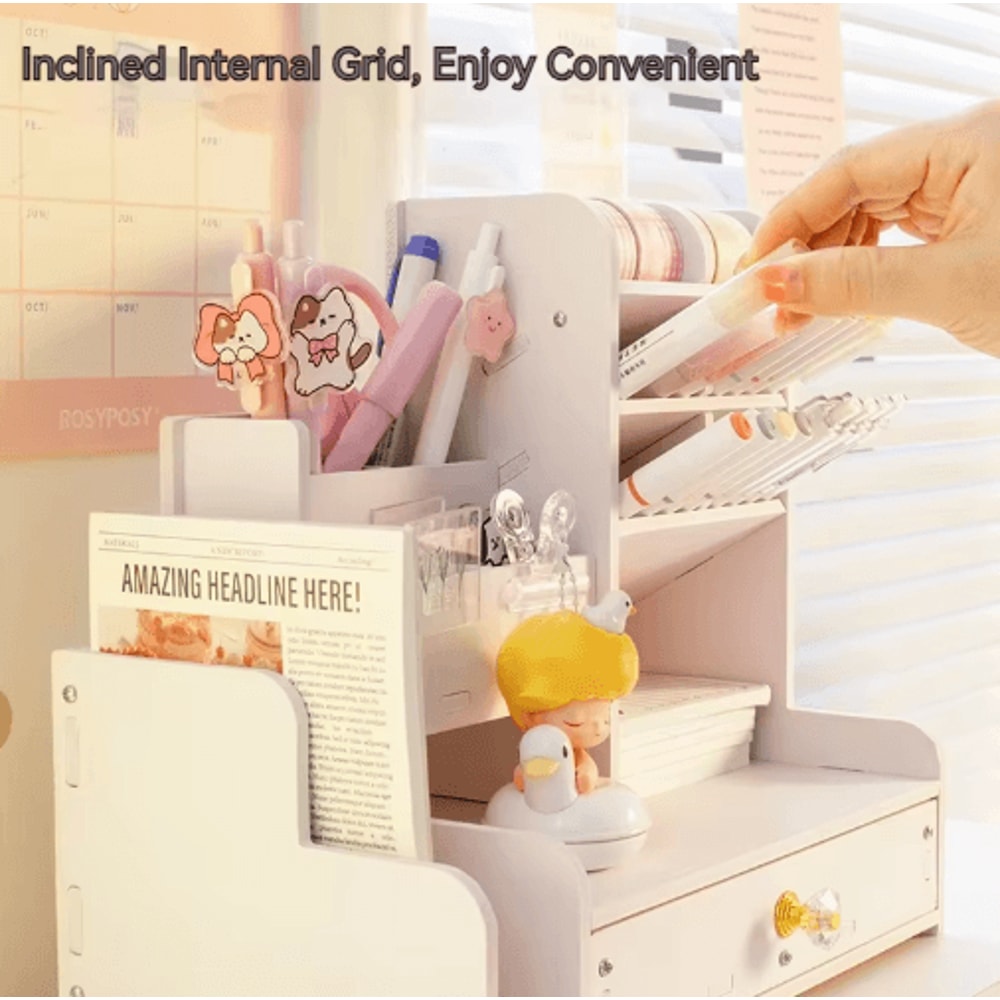 WoodCraft Wooden Desk Organizer Shelf With Mark Pen Holder Mini Bookshelf 7