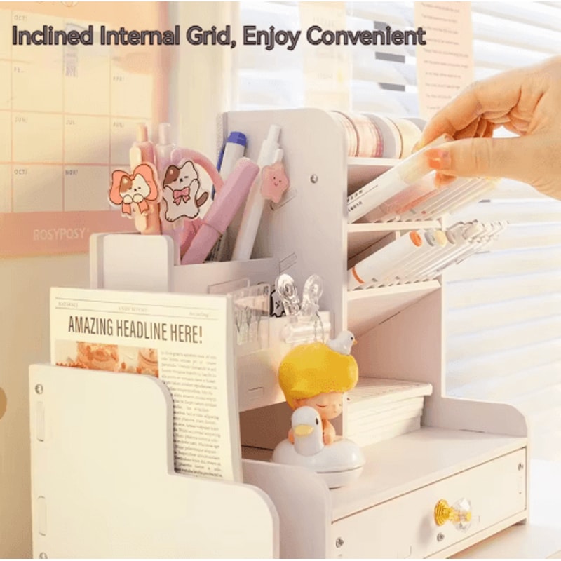 WoodCraft Wooden Desk Organizer Shelf With Mark Pen Holder Mini Bookshelf 7