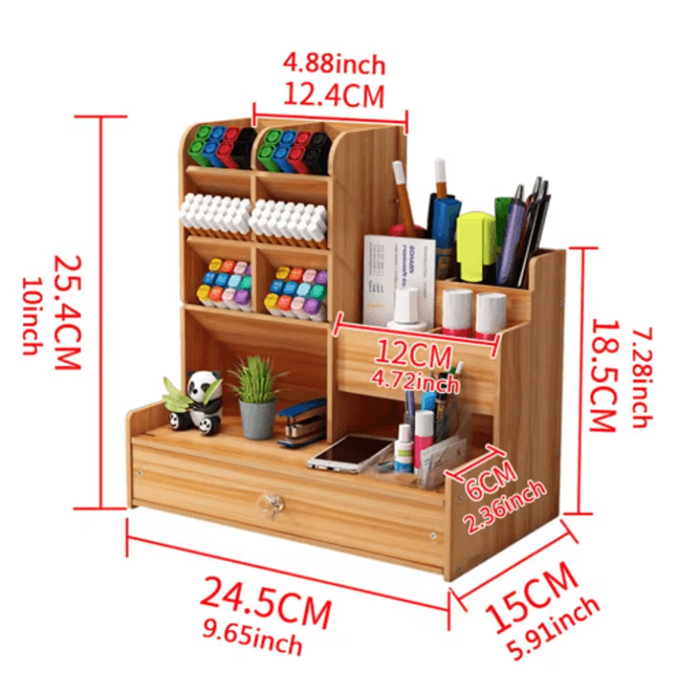 Simple Wooden Pen Holder Desk Organizer With Drawer For Study And Office 1