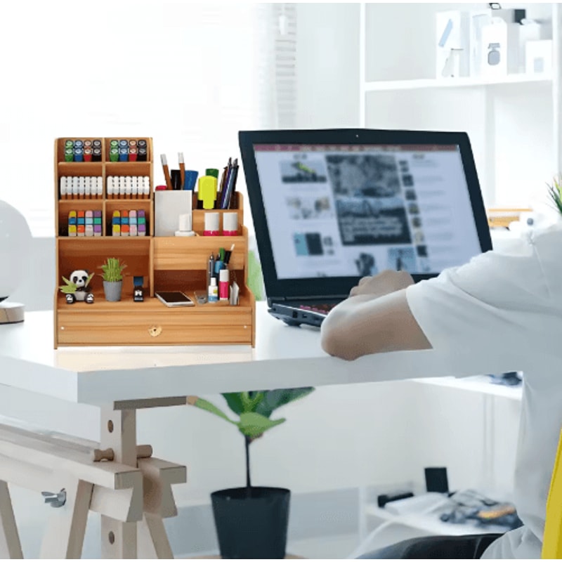 Simple Wooden Pen Holder Desk Organizer With Drawer For Study And Office 4